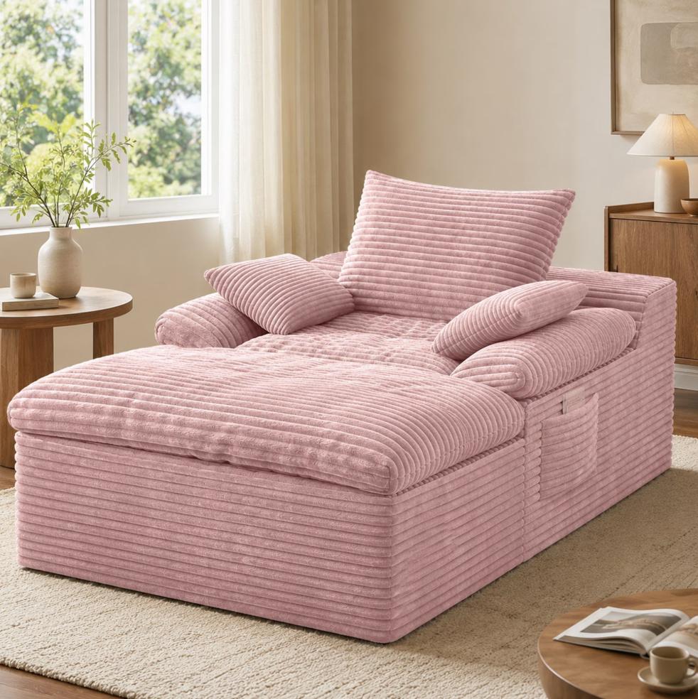 SESSLIFE 65" Oversized Chaise Lounge Chair Indoor, Corduroy Boneless Sofa Bed with Wide Armrest 3 Pillows, Upholstered Cloud Sofa Couches for Living Room, No Assembly Require, Dark Gray