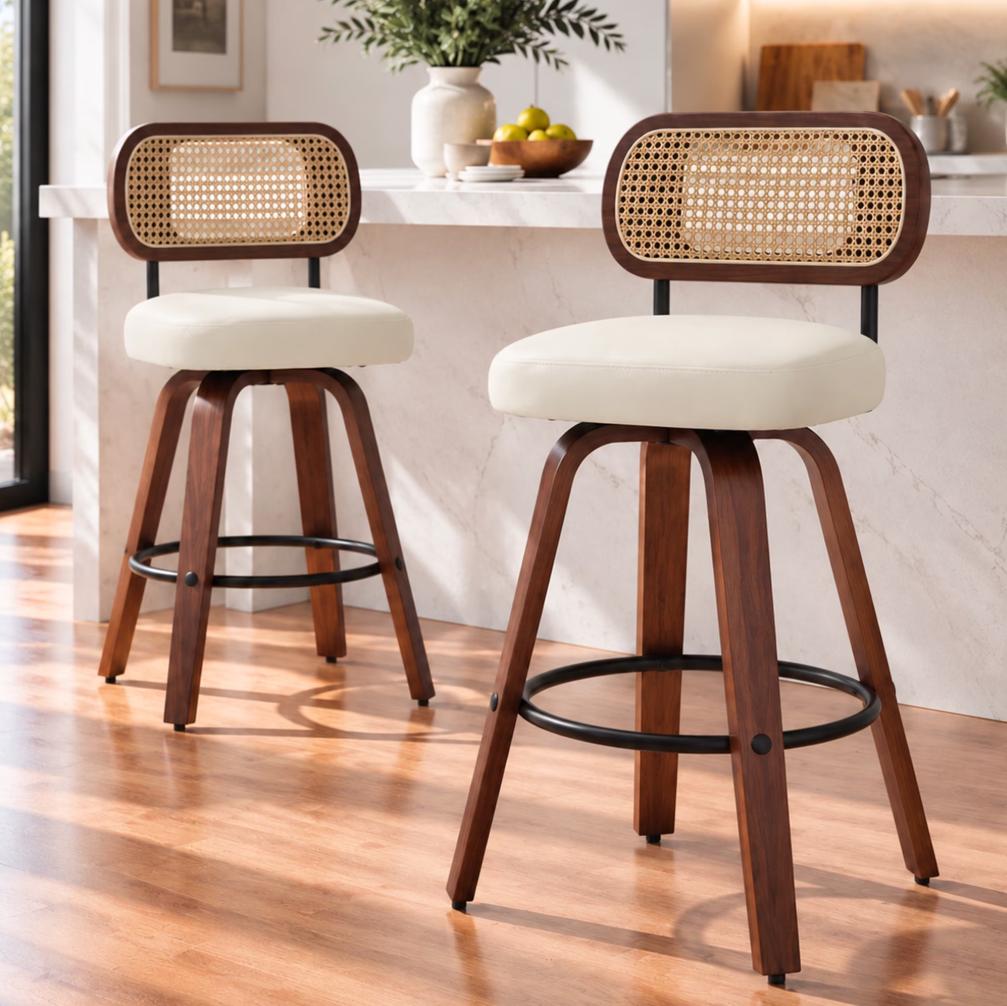 SESSLIFE Swivel Bar Stools Set of 2, 25.6" Counter Height Bar Stools, PU Leather Upholstered Chairs with Cane Back, Mid Century Modern Kitchen Island Stools, Beige