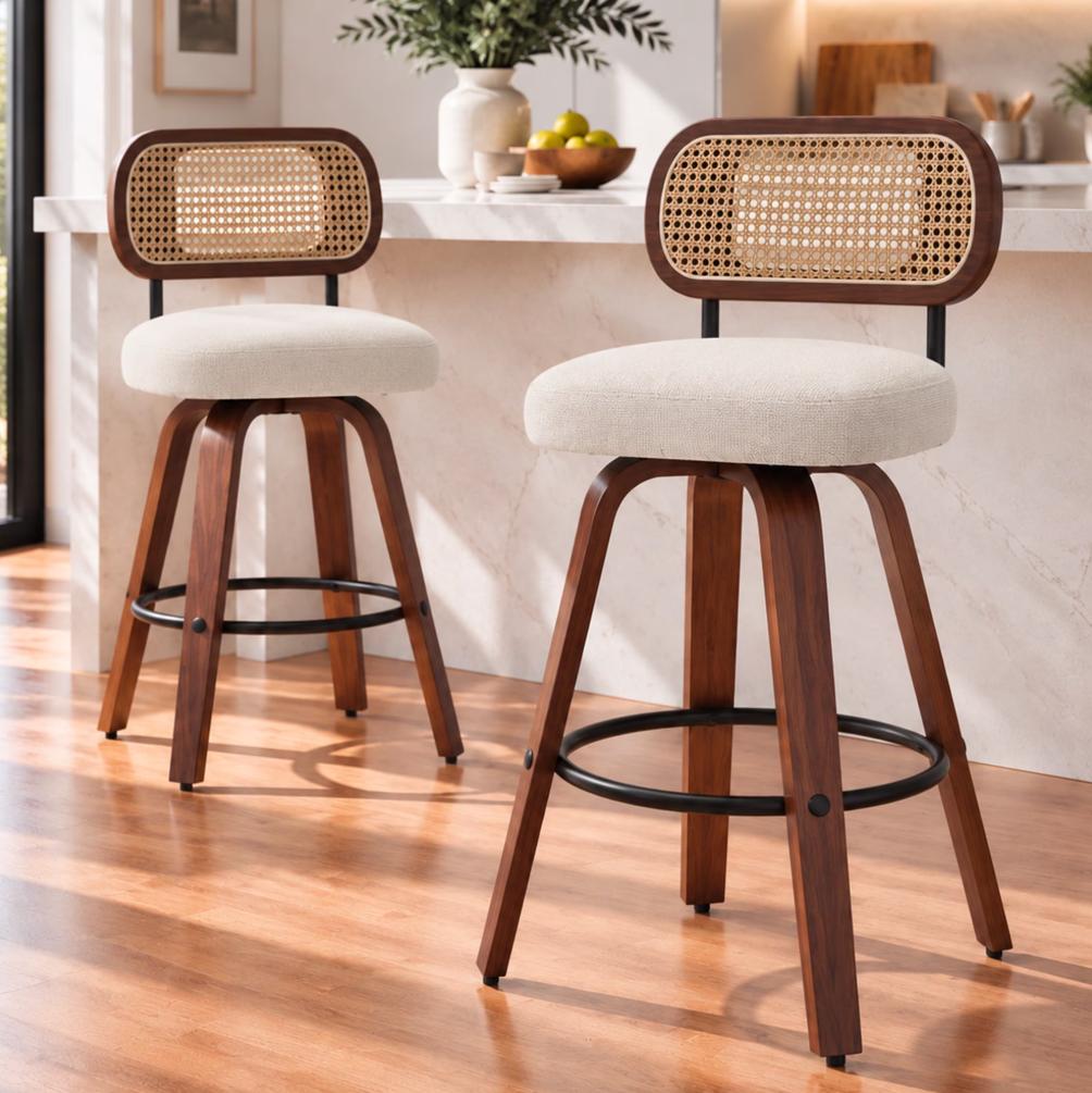 SESSLIFE Swivel Bar Stools Set of 2, 25.6" Counter Height Bar Stools, PU Leather Upholstered Chairs with Cane Back, Mid Century Modern Kitchen Island Stools, Beige