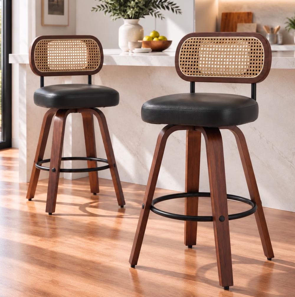 SESSLIFE Swivel Bar Stools Set of 2, 25.6" Counter Height Bar Stools, PU Leather Upholstered Chairs with Cane Back, Mid Century Modern Kitchen Island Stools, Beige