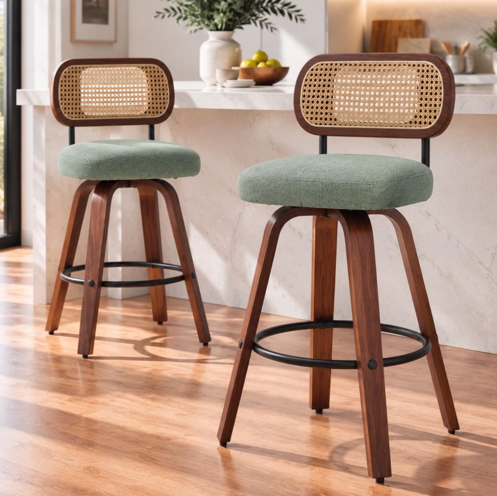 SESSLIFE Swivel Bar Stools Set of 2, 25.6" Counter Height Bar Stools, PU Leather Upholstered Chairs with Cane Back, Mid Century Modern Kitchen Island Stools, Beige