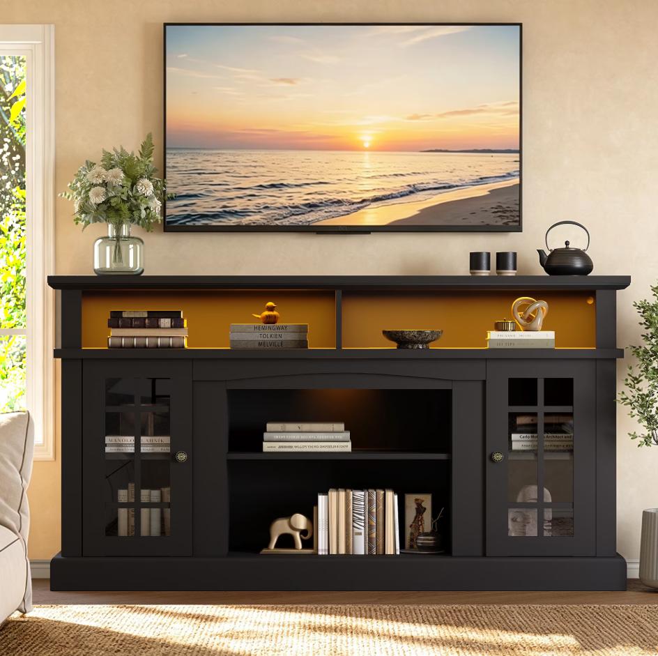 SESSLIFE 58" Farmhouse TV Stand for TVs up to 65", LED Entertainment Center with Glass Door Storage Cabinet & Adjustable Shelves, TV Console for Living Room, Black