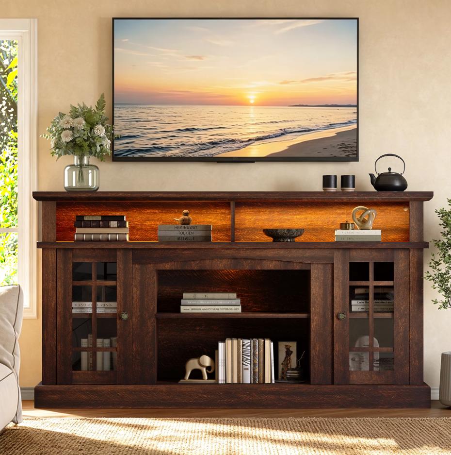 SESSLIFE 58" Farmhouse TV Stand for TVs up to 65", LED Entertainment Center with Glass Door Storage Cabinet & Adjustable Shelves, TV Console for Living Room, Black