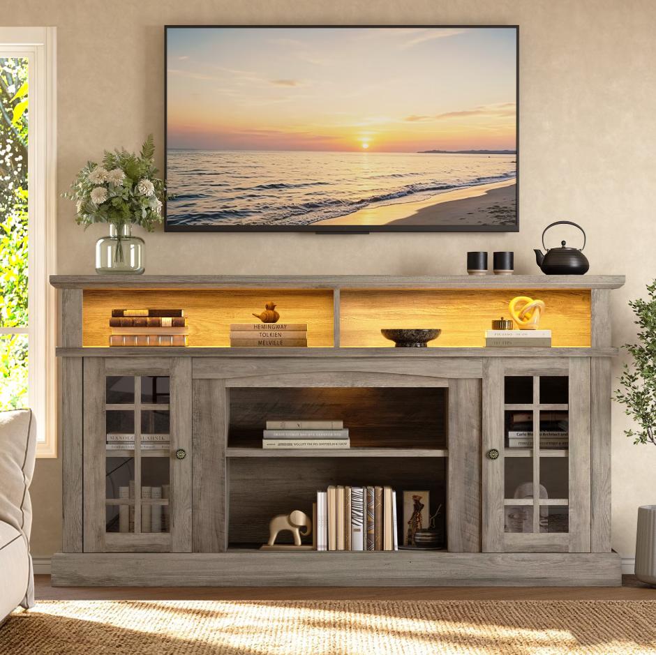 SESSLIFE 58" Farmhouse TV Stand for TVs up to 65", LED Entertainment Center with Glass Door Storage Cabinet & Adjustable Shelves, TV Console for Living Room, Black