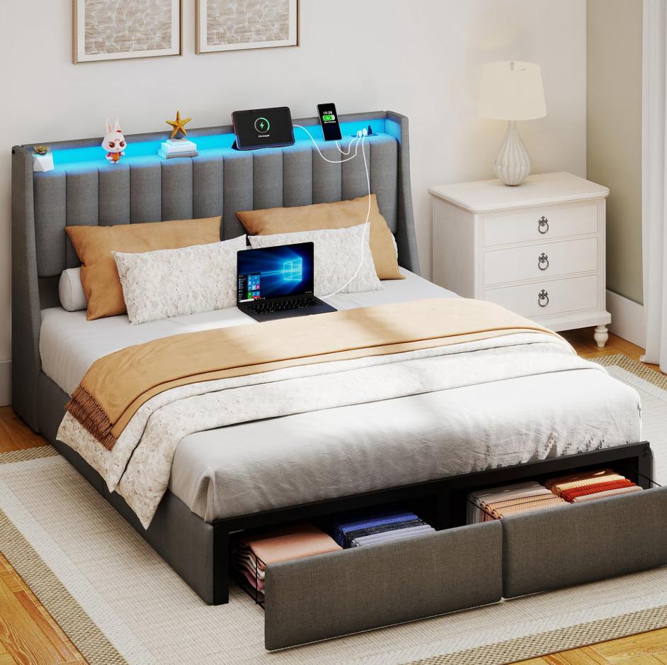 SESSLIFE Queen Bed Frame with 2 Storage Drawers, Upholstered Platform Bed with Charging Station, RGB LED Lights, Storage Headboard Shelf, Heavy Duty Metal Support, Noise Free, Grey