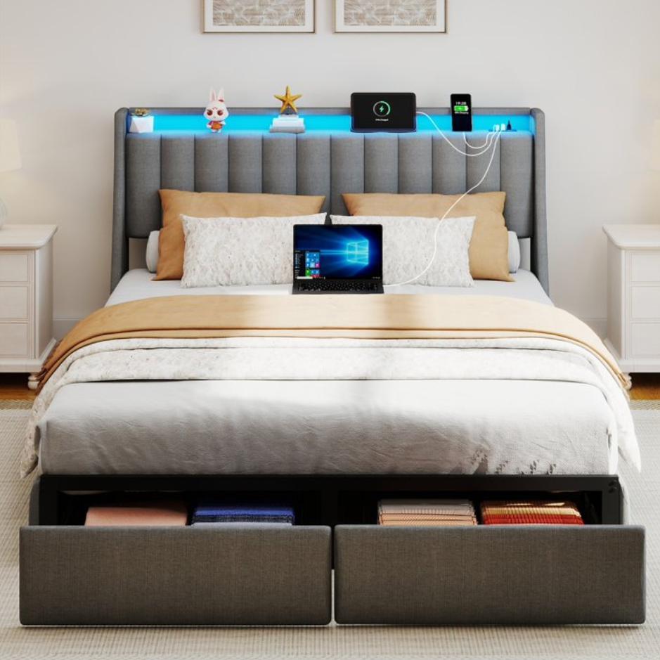 SESSLIFE Queen Bed Frame with 2 Storage Drawers, Upholstered Platform Bed with Charging Station, RGB LED Lights, Storage Headboard Shelf, Heavy Duty Metal Support, Noise Free, Grey