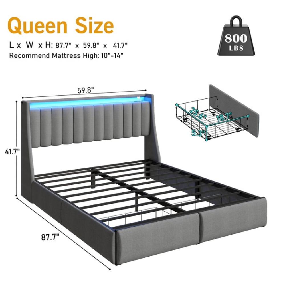 SESSLIFE Queen Bed Frame with 2 Storage Drawers, Upholstered Platform Bed with Charging Station, RGB LED Lights, Storage Headboard Shelf, Heavy Duty Metal Support, Noise Free, Grey