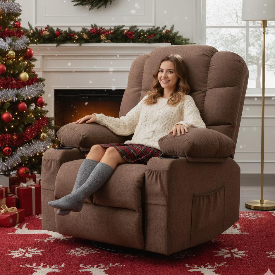 SESSLIFE 360° Swivel Rocker Recliner Chair, Manual Glider Recliner with Massage and Heating for Adults, Rocking Chair with Cup Holders, Side Pocket and USB Port for Living Room, Brown