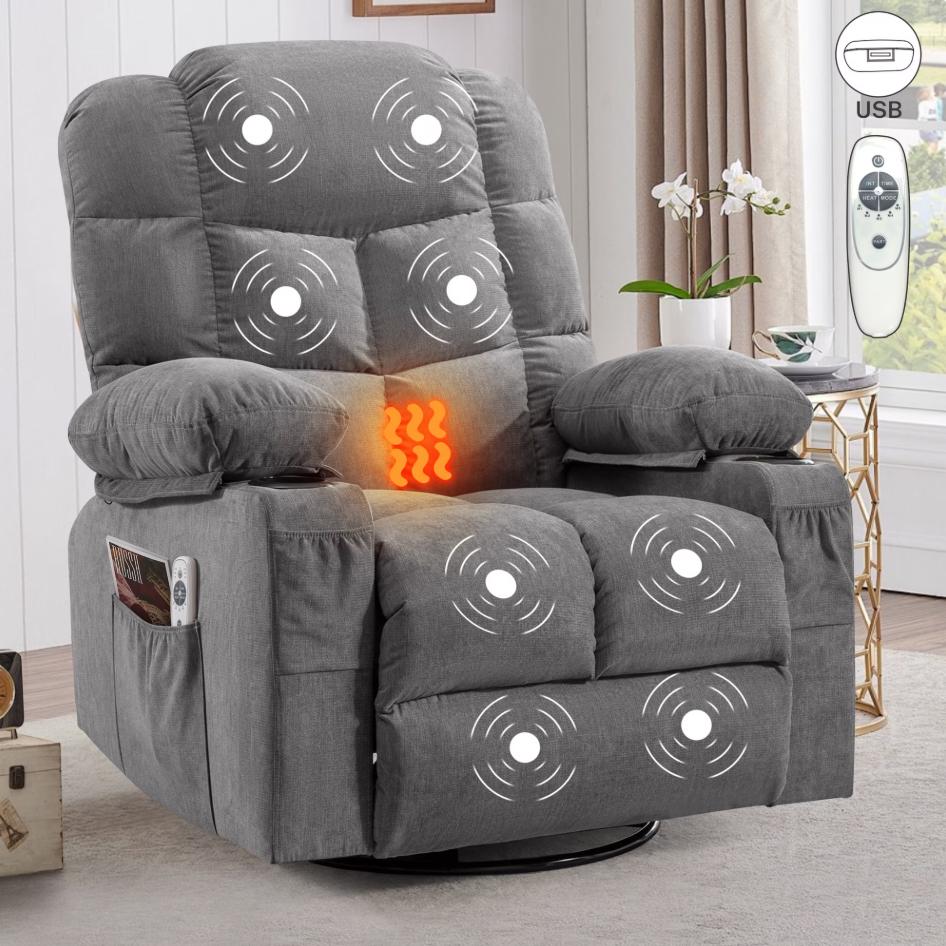 SESSLIFE 360° Swivel Rocker Recliner Chair, Manual Glider Recliner with Massage and Heating for Adults, Rocking Chair with Cup Holders, Side Pocket and USB Port for Living Room, Brown