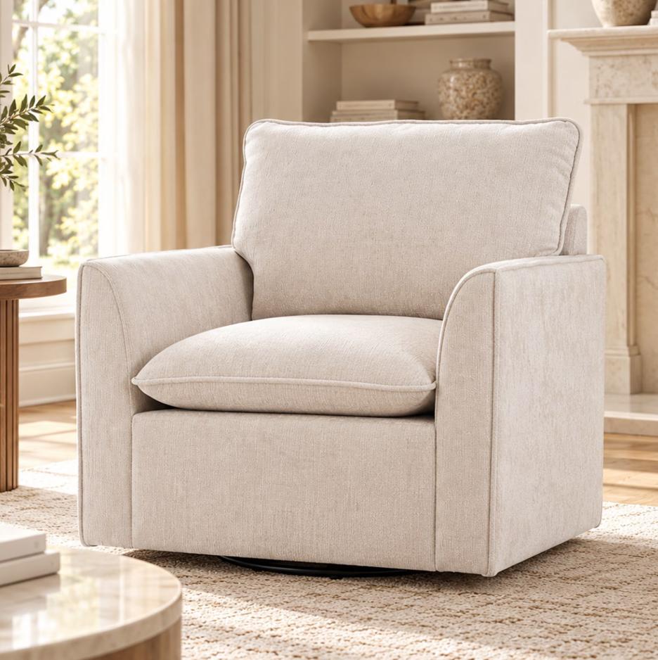 SESSLIFE Swivel Accent Chair, Soft Chenille Upholstered Armchair, Comfy Reading Chair with Plush Back Pillow and Thick Seat Cushion, Beige