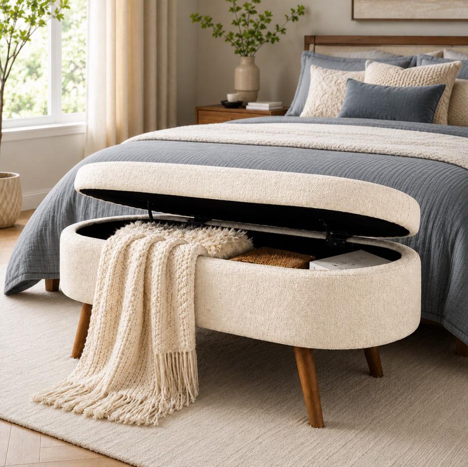 SESSLIFE 43.5" Ottoman with Storage, Storage Ottoman Bench with Safety Hinge, Linen End of Bed Bench, Upholstered Entryway Bench for Bedroom, 250 lb Capacity, Beige