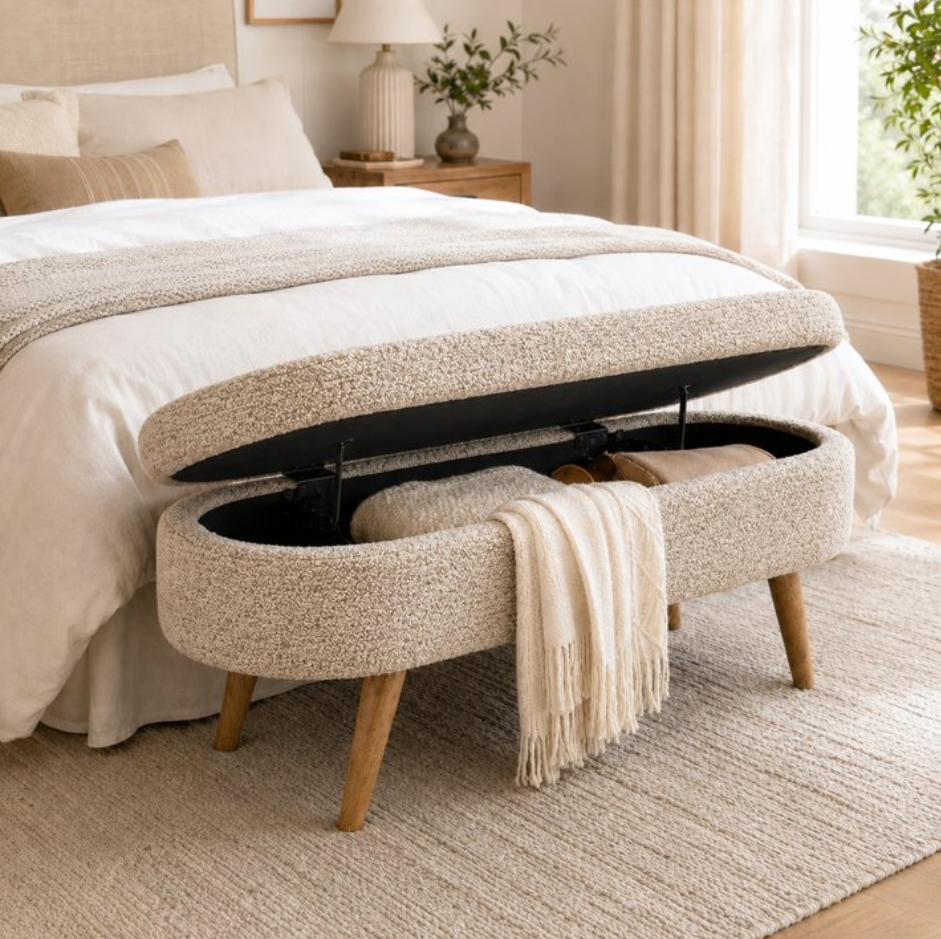 SESSLIFE 43.5" Ottoman with Storage, Storage Ottoman Bench with Safety Hinge, Linen End of Bed Bench, Upholstered Entryway Bench for Bedroom, 250 lb Capacity, Beige