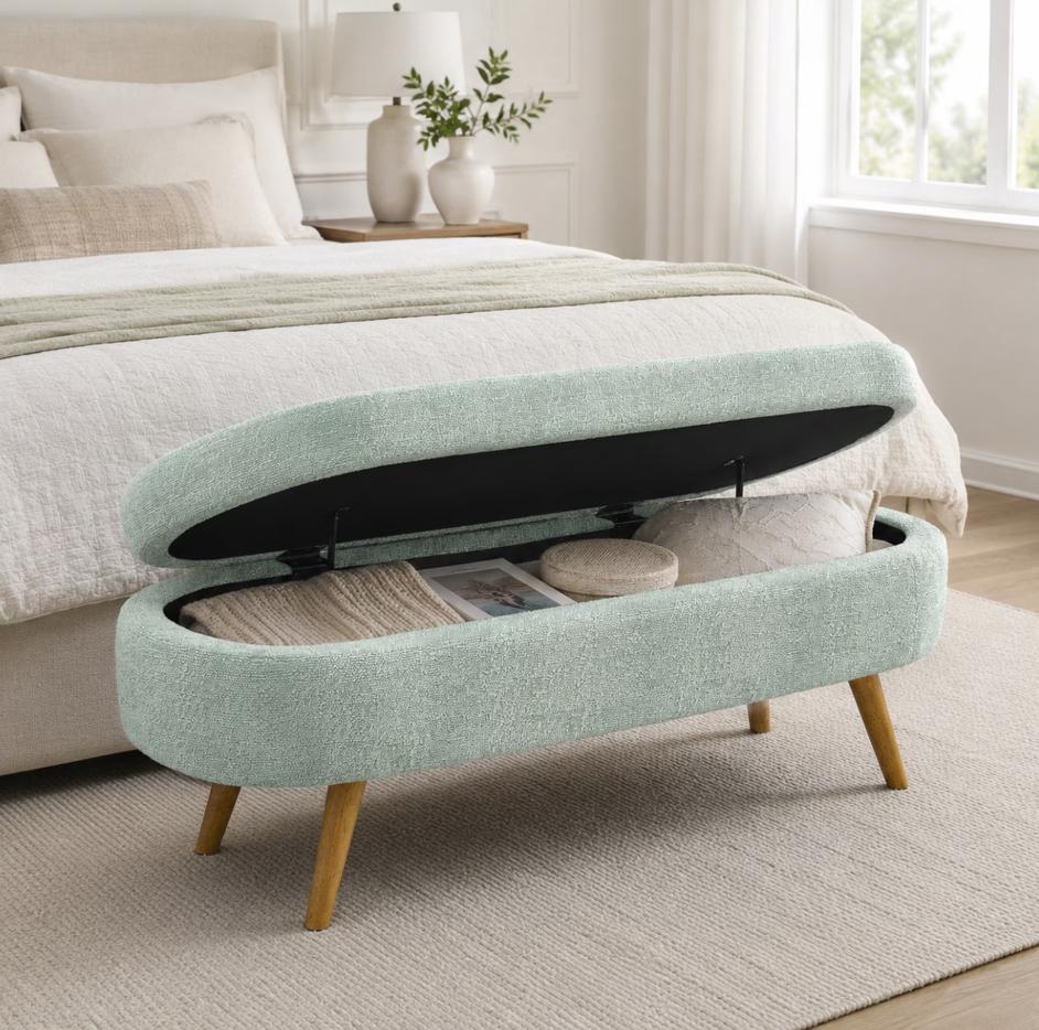 SESSLIFE 43.5" Ottoman with Storage, Storage Ottoman Bench with Safety Hinge, Linen End of Bed Bench, Upholstered Entryway Bench for Bedroom, 250 lb Capacity, Beige