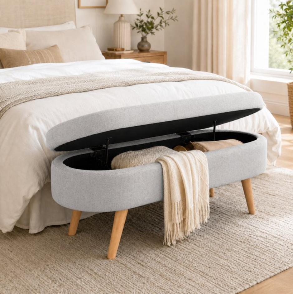 SESSLIFE 43.5" Ottoman with Storage, Storage Ottoman Bench with Safety Hinge, Linen End of Bed Bench, Upholstered Entryway Bench for Bedroom, 250 lb Capacity, Beige