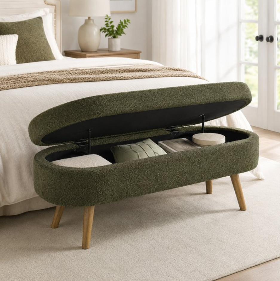 SESSLIFE 43.5" Ottoman with Storage, Storage Ottoman Bench with Safety Hinge, Linen End of Bed Bench, Upholstered Entryway Bench for Bedroom, 250 lb Capacity, Beige