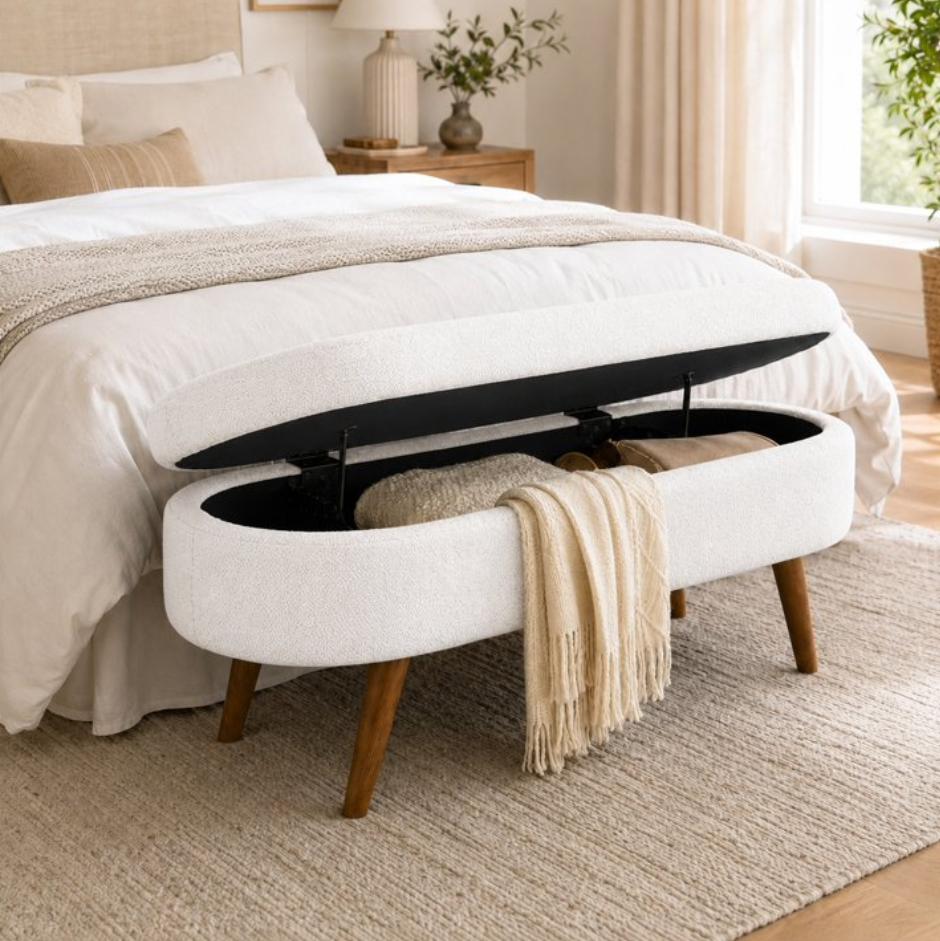 SESSLIFE 43.5" Ottoman with Storage, Storage Ottoman Bench with Safety Hinge, Linen End of Bed Bench, Upholstered Entryway Bench for Bedroom, 250 lb Capacity, Beige