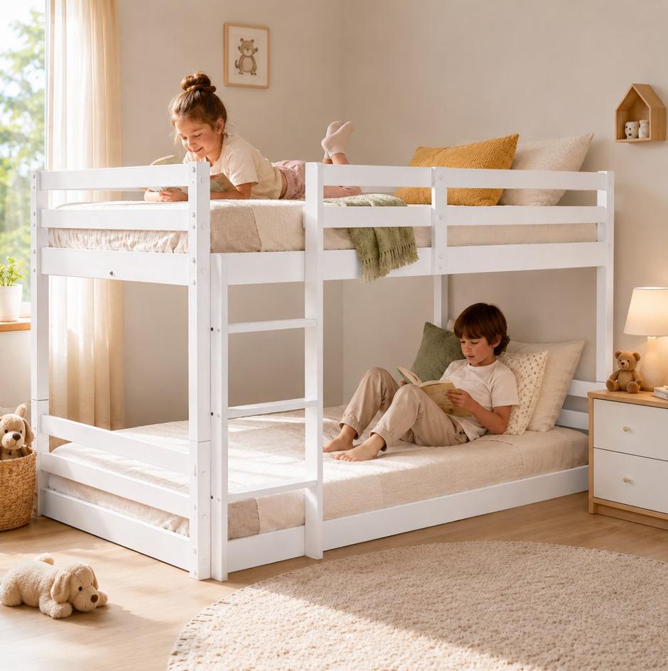 SESSLIFE Solid Wood Twin Over Twin Bunk Bed for Kid, Bunk Bed Frame with Ladder and Guardrails, No Box Spring Needed, White
