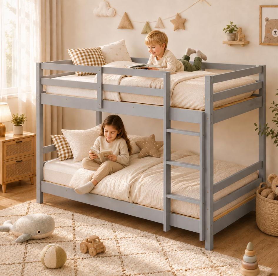 SESSLIFE Solid Wood Twin Over Twin Bunk Bed for Kid, Bunk Bed Frame with Ladder and Guardrails, No Box Spring Needed, White