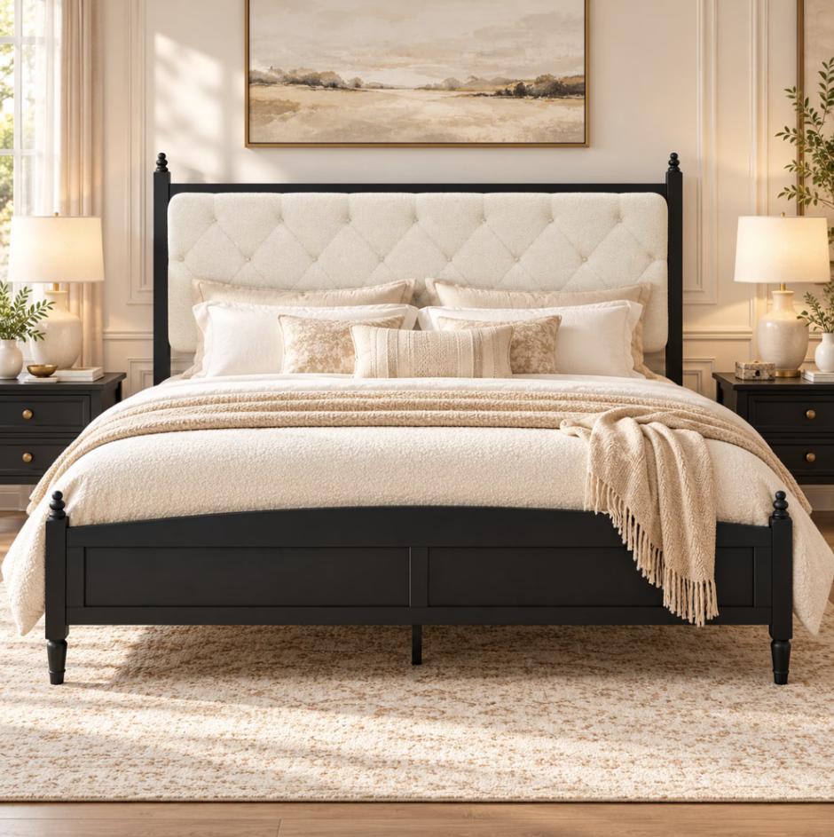SESSLIFE King Size Bed Frame, Wooden Platform Bed Frame with 51" Tall Upholstered Tufted Headboard, King Bed with Column Accents, Wood Slat Support, No Box Spring Needed, Black