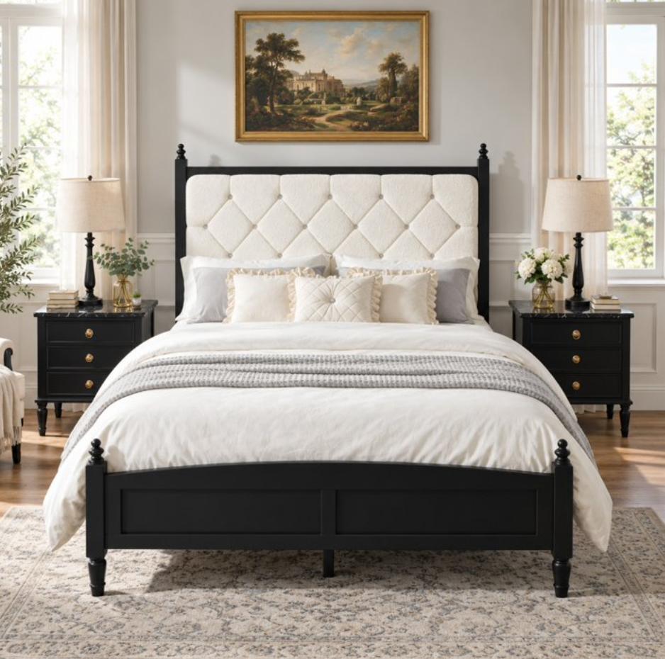 SESSLIFE King Size Bed Frame, Wooden Platform Bed Frame with 51" Tall Upholstered Tufted Headboard, King Bed with Column Accents, Wood Slat Support, No Box Spring Needed, Black