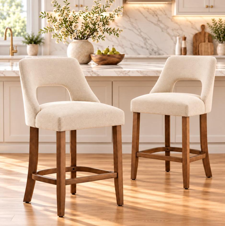 SESSLIFE Bar Stools Set of 2, 26" Counter Height Bar Stools with Open Back, Modern Upholstered Kitchen Island Stools with Solid Wood Legs, Bar Chairs for Dining Room, Beige