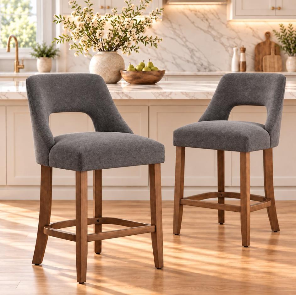 SESSLIFE Bar Stools Set of 2, 26" Counter Height Bar Stools with Open Back, Modern Upholstered Kitchen Island Stools with Solid Wood Legs, Bar Chairs for Dining Room, Beige