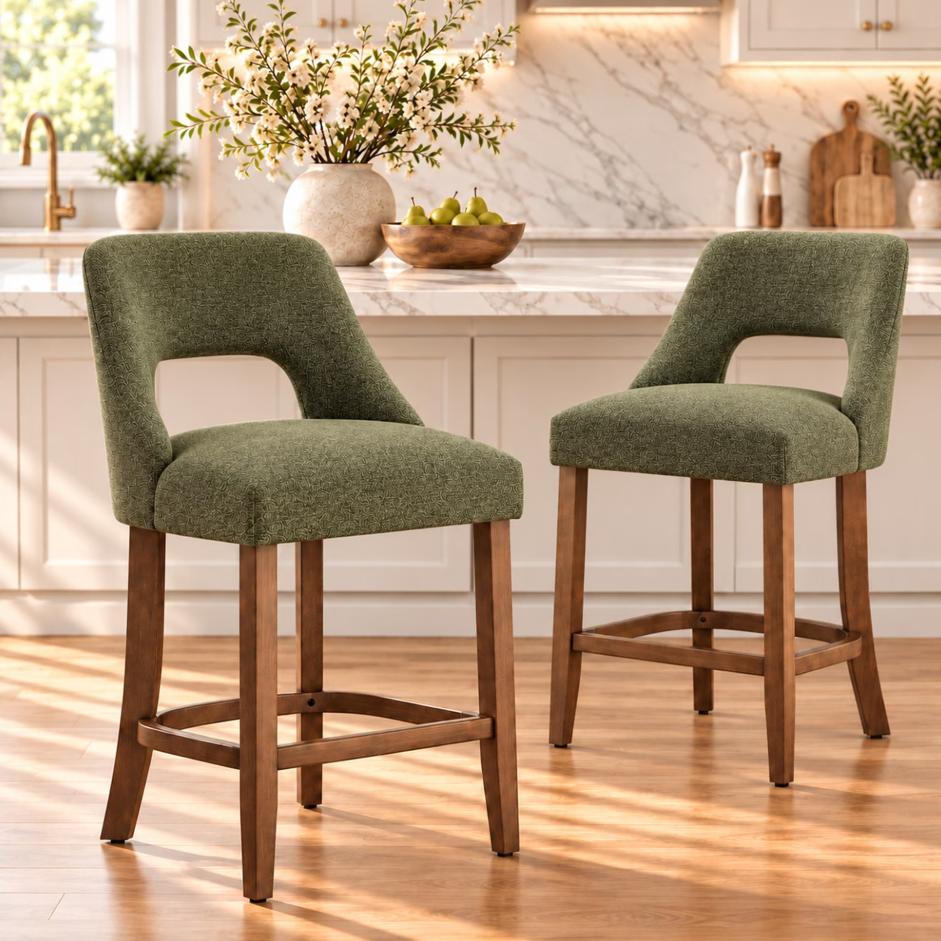 SESSLIFE Bar Stools Set of 2, 26" Counter Height Bar Stools with Open Back, Modern Upholstered Kitchen Island Stools with Solid Wood Legs, Bar Chairs for Dining Room, Beige