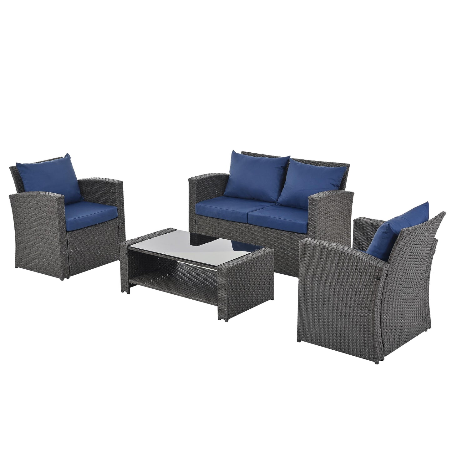 4 Piece Patio Sofa Conversation Set, Rattan Patio Chair Outdoor Furniture Set, Gray Wicker Sofa Set with Coffee Table and Gray Cushion for Backyard Lawn Garden Poolside Balcony