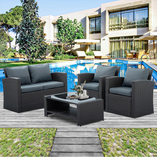 4 Piece Patio Sofa Conversation Set, Rattan Patio Chair Outdoor Furniture Set, Gray Wicker Sofa Set with Coffee Table and Gray Cushion for Backyard Lawn Garden Poolside Balcony