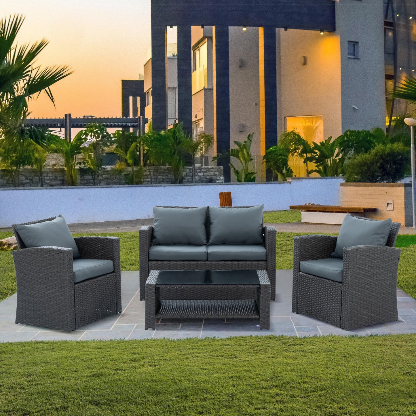 4 Piece Patio Sofa Conversation Set, Rattan Patio Chair Outdoor Furniture Set, Gray Wicker Sofa Set with Coffee Table and Gray Cushion for Backyard Lawn Garden Poolside Balcony