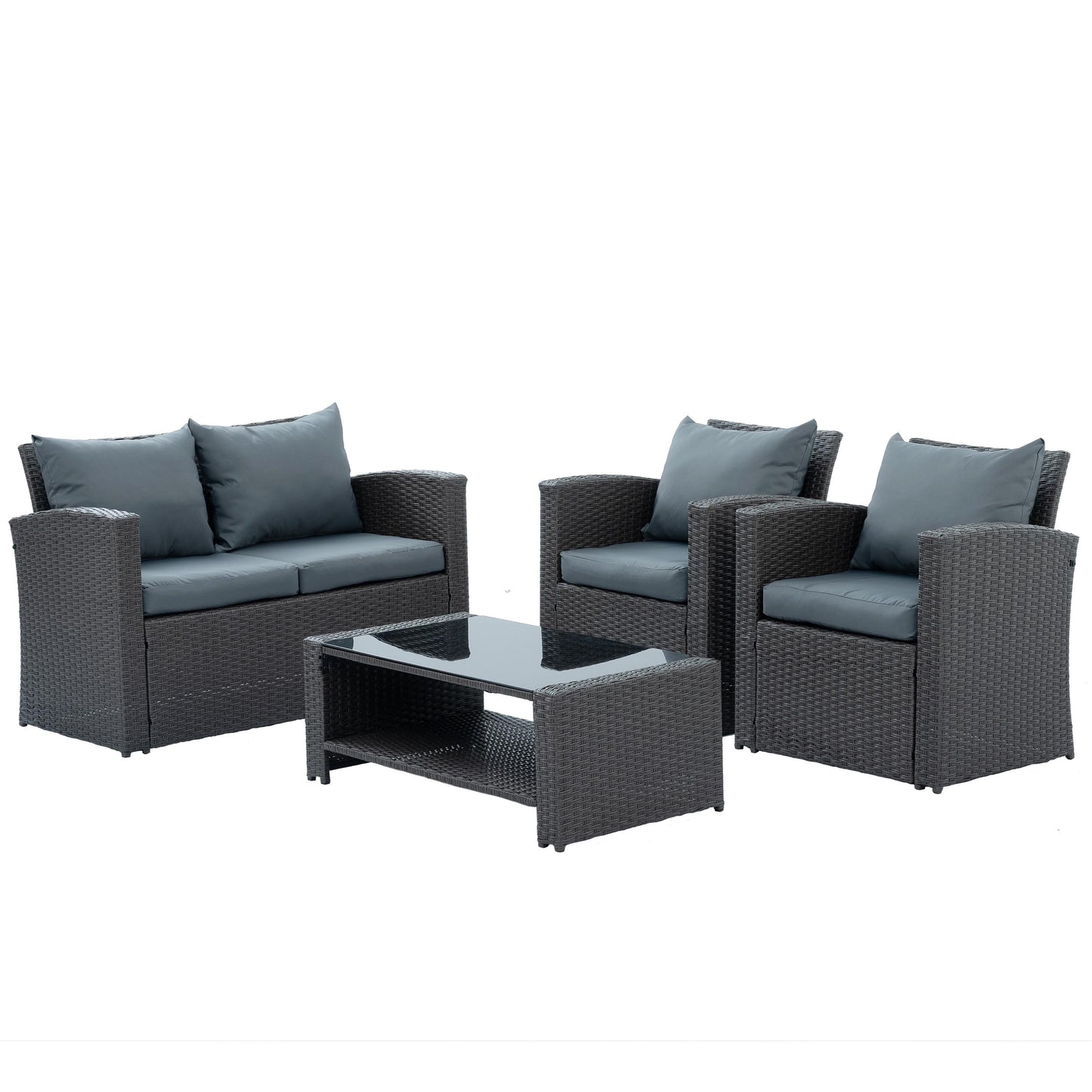 4 Piece Patio Sofa Conversation Set, Rattan Patio Chair Outdoor Furniture Set, Gray Wicker Sofa Set with Coffee Table and Gray Cushion for Backyard Lawn Garden Poolside Balcony