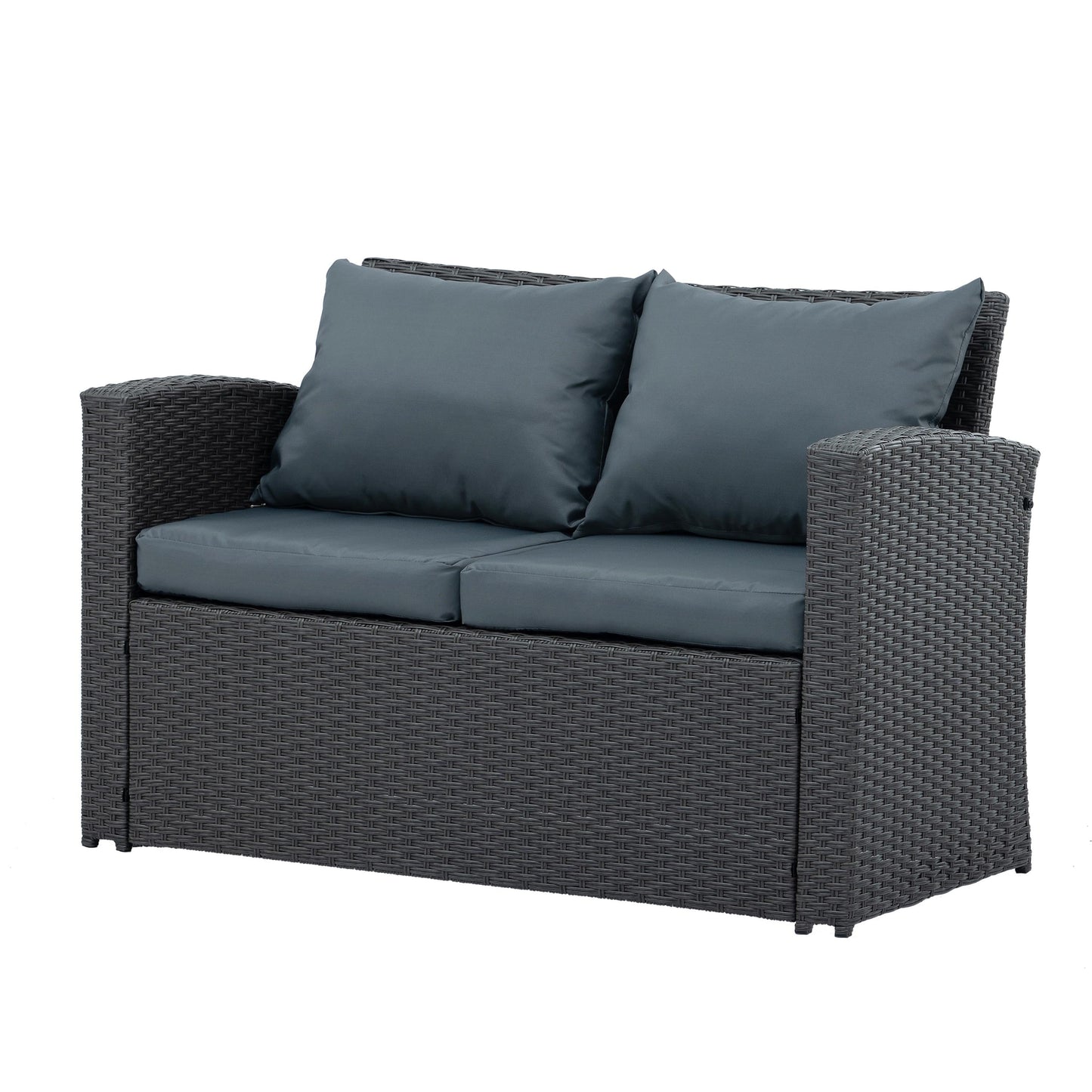 4 Piece Patio Sofa Conversation Set, Rattan Patio Chair Outdoor Furniture Set, Gray Wicker Sofa Set with Coffee Table and Gray Cushion for Backyard Lawn Garden Poolside Balcony