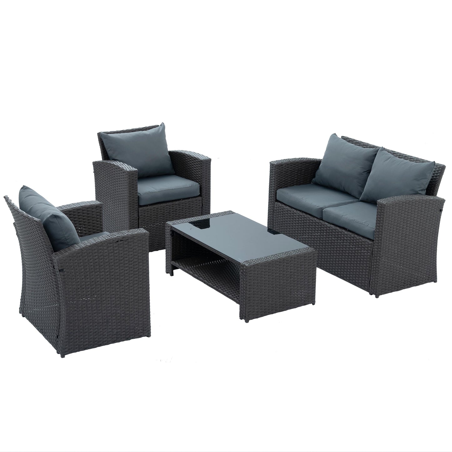 4 Piece Patio Sofa Conversation Set, Rattan Patio Chair Outdoor Furniture Set, Gray Wicker Sofa Set with Coffee Table and Gray Cushion for Backyard Lawn Garden Poolside Balcony