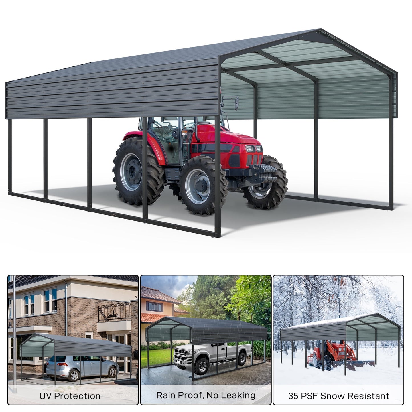 10x15 FT Metal Carport Canopy, Heavy Duty Outdoor Carport Garage with Galvanized Steel Roof and Reinforced Frame, Multi-Use Shelter Canopy Car Shelter for Pickup, Boat, Car and Tractors