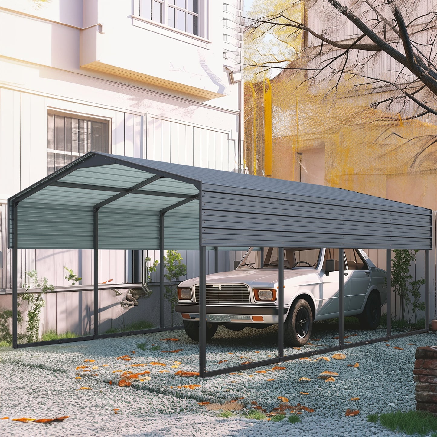 10x15 FT Metal Carport Canopy, Heavy Duty Outdoor Carport Garage with Galvanized Steel Roof and Reinforced Frame, Multi-Use Shelter Canopy Car Shelter for Pickup, Boat, Car and Tractors