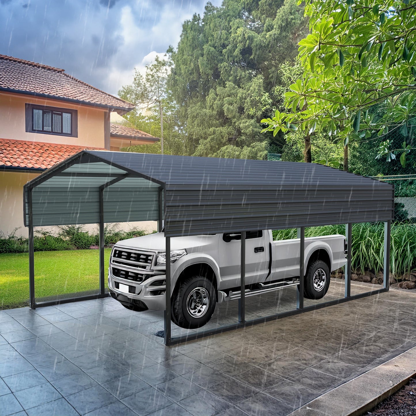 10x15 FT Metal Carport Canopy, Heavy Duty Outdoor Carport Garage with Galvanized Steel Roof and Reinforced Frame, Multi-Use Shelter Canopy Car Shelter for Pickup, Boat, Car and Tractors