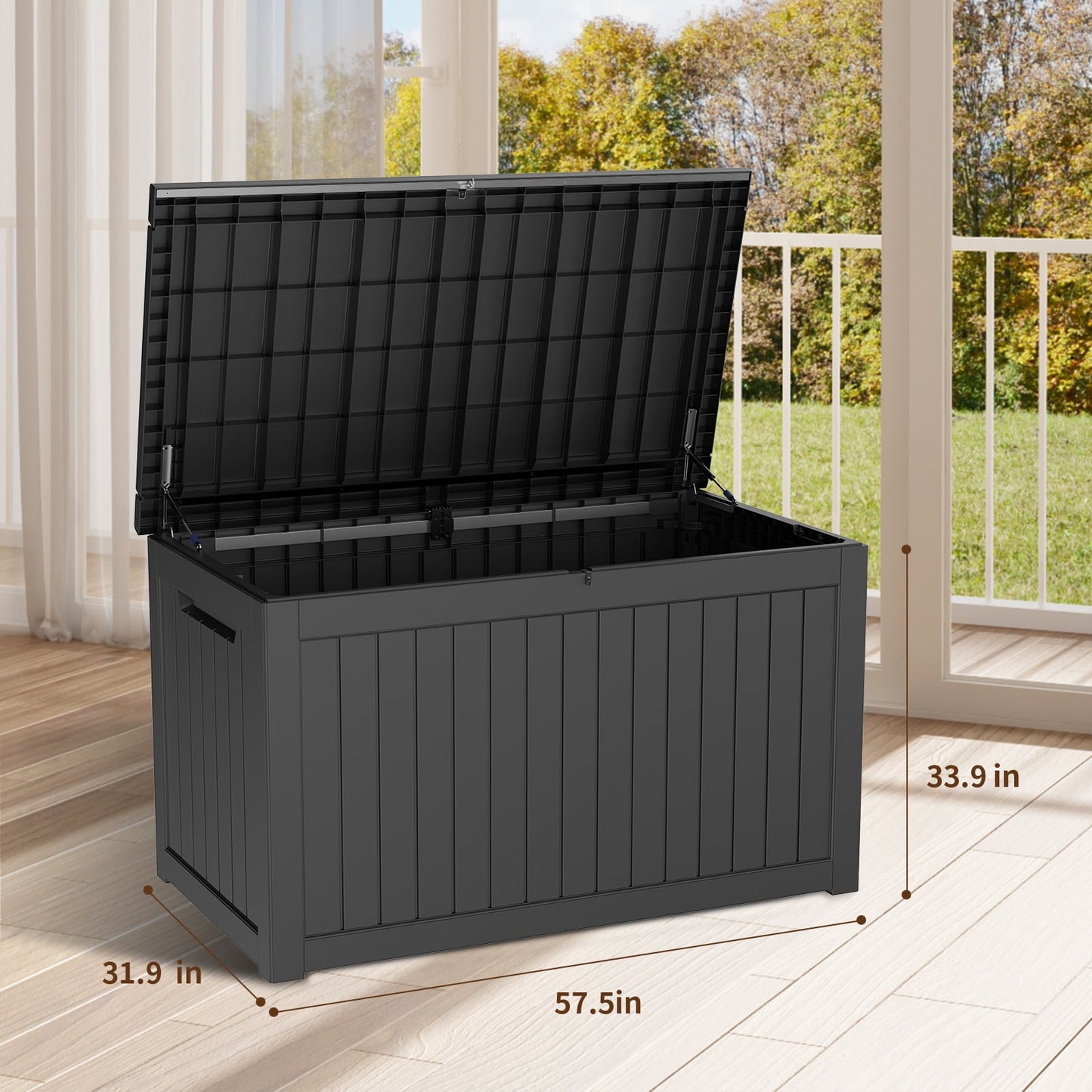 230 Gallon Large Resin Deck Box, Outdoor Storage Box Waterproof, Lockable Patio Storage Box for Furniture Cushions Tools Pool Toy Storage, Garden Backyard Storage Bench, Black