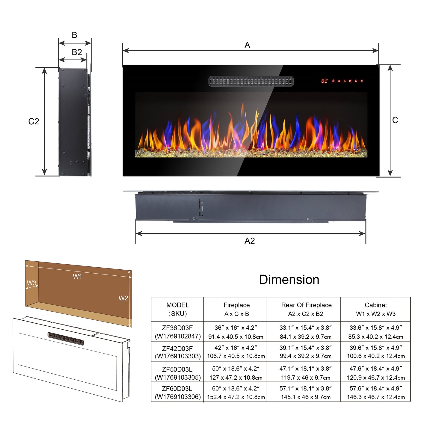 36" Electric Fireplace Heater Insert, Recessed and Wall Mounted Electric Fireplace, ETL Certification Remote Control Electric Fireplace Insert with Adjustable Color