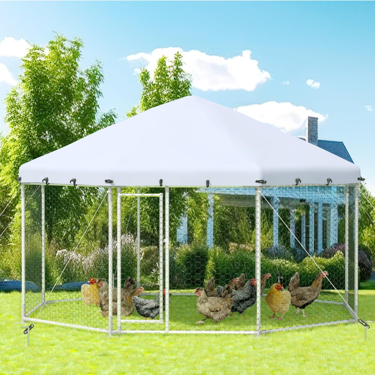 13.1' X 13.1' X 8.6' Large Chicken Coop, Hexagonal Metal Walk In Chicken Coop with Galvanized Steel Frame, Chicken Kennel Poultry Cage Outdoor Backyard Farm Covered Chicken Cage for Rabbits Ducks Cats