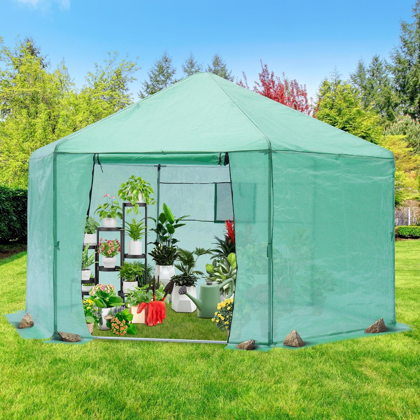 7' x 7' x 7.3' Walk-in Greenhouse for outdoors, Hexagonal Heavy-Duty Metal Frame Greenhouse with 160g PE Cover