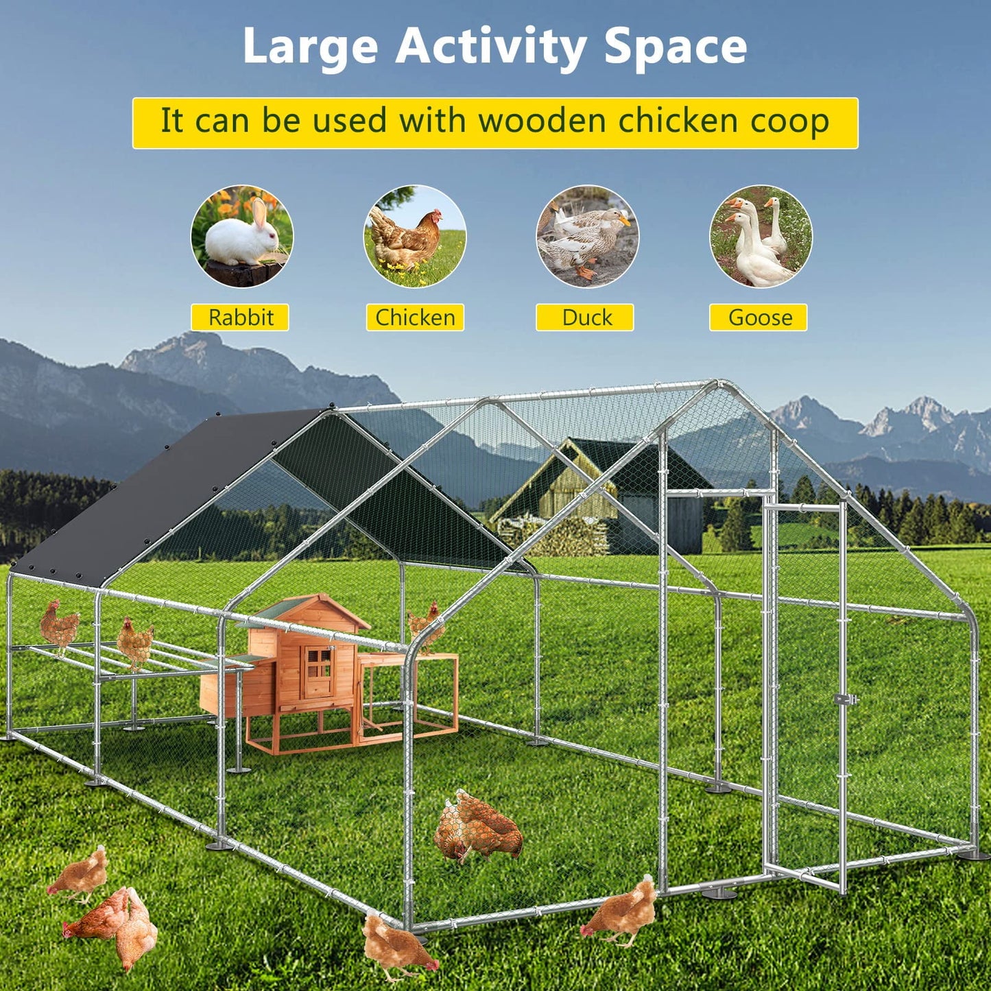 9.8' X 19.7' X 6.6' Walk In Chicken Run Coop, Galvanized Metal Chicken Kennel Poultry Cage, Outdoor Backyard Farm Covered Chicken Cage for Rabbits Ducks Cats