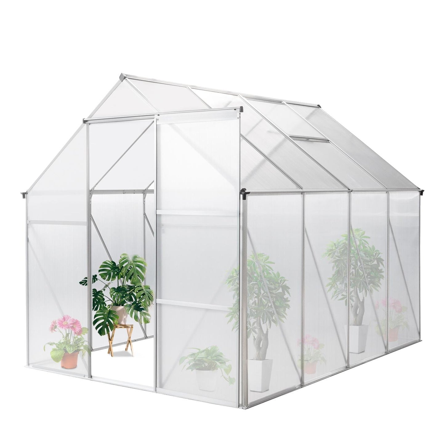 Outdoor Polycarbonate Greenhouse, Walk in Greenhouse with Sliding Door and Rain Gutter, 8' x 6' x 6.8', DT45