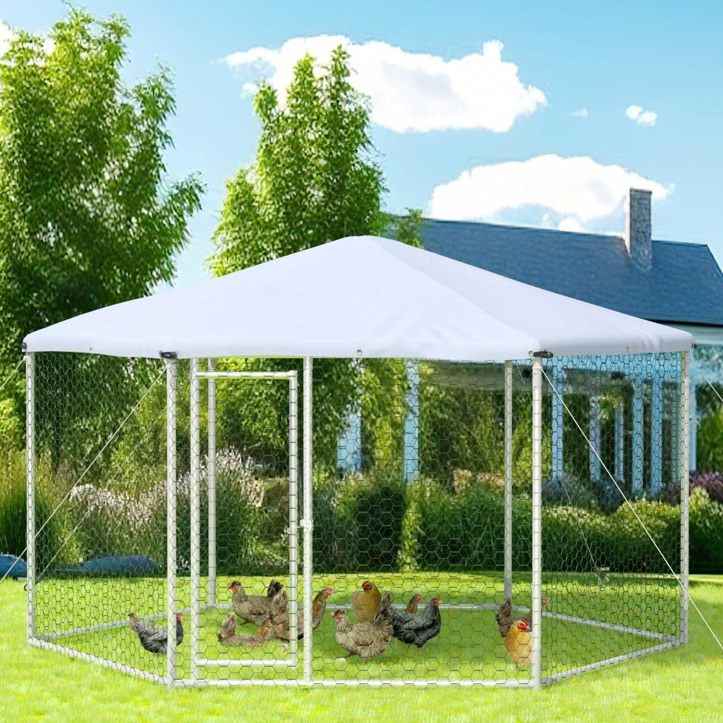 13.1' X 13.1' X 8.6' Large Chicken Coop, Hexagonal Metal Walk In Chicken Coop with Galvanized Steel Frame, Chicken Kennel Poultry Cage Outdoor Backyard Farm Covered Chicken Cage for Rabbits Ducks Cats