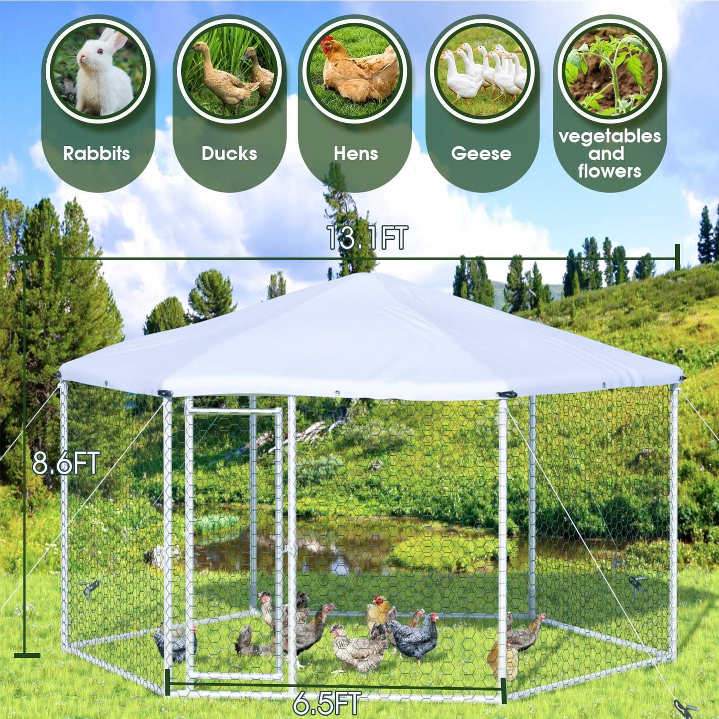 13.1' X 13.1' X 8.6' Large Chicken Coop, Hexagonal Metal Walk In Chicken Coop with Galvanized Steel Frame, Chicken Kennel Poultry Cage Outdoor Backyard Farm Covered Chicken Cage for Rabbits Ducks Cats