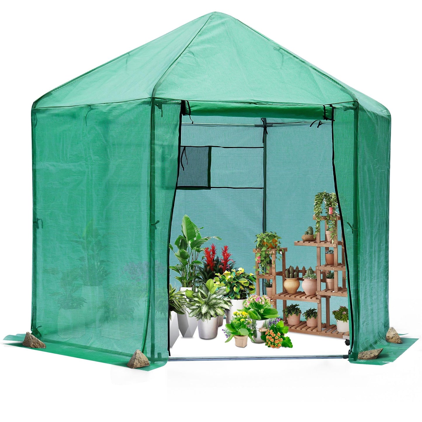 7' x 7' x 7.3' Walk-in Greenhouse for outdoors, Hexagonal Heavy-Duty Metal Frame Greenhouse with 160g PE Cover