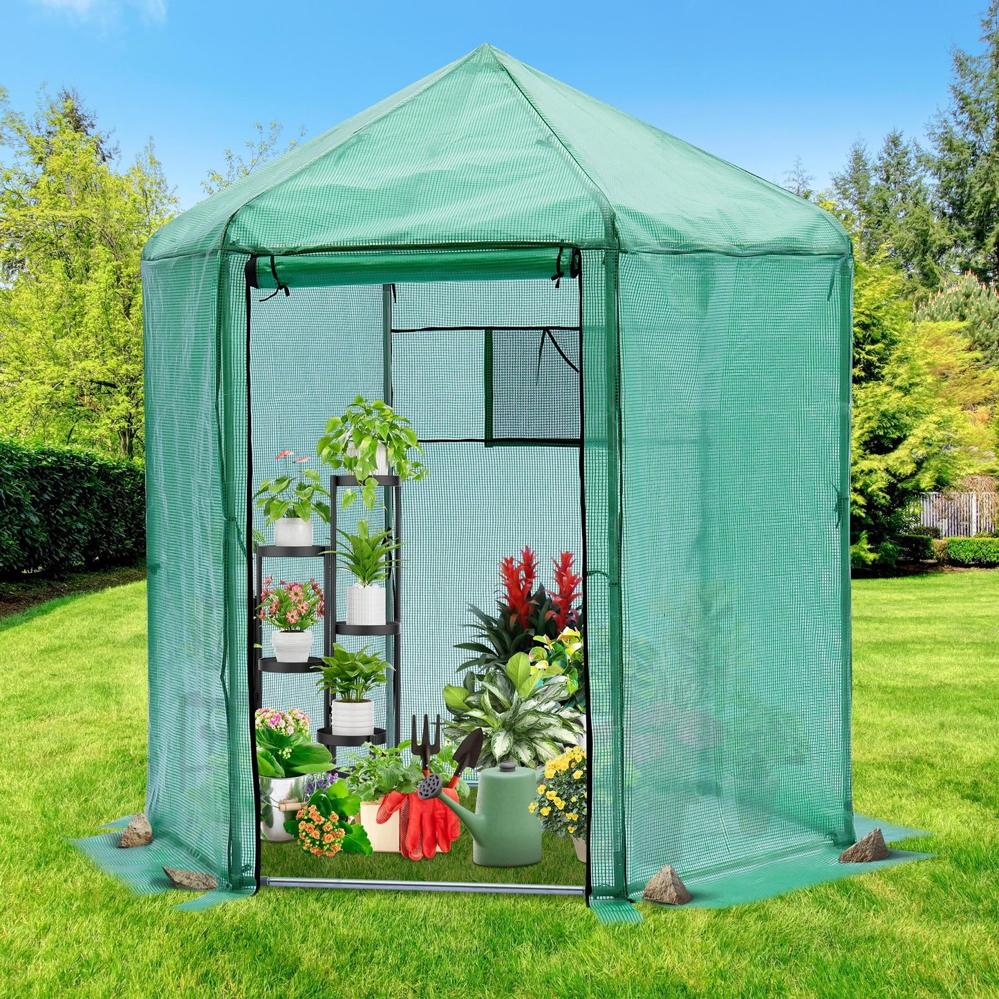 7' x 7' x 7.3' Walk-in Greenhouse for outdoors, Hexagonal Heavy-Duty Metal Frame Greenhouse with 160g PE Cover