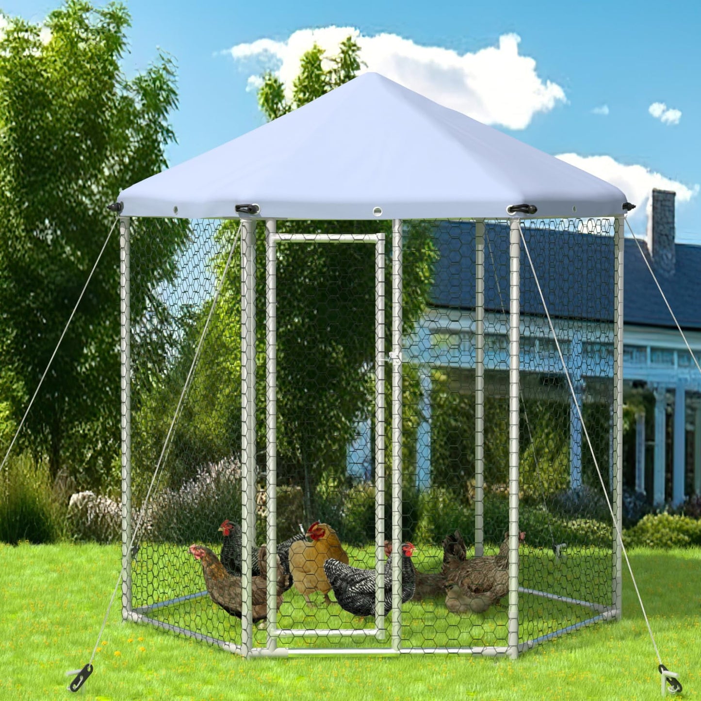 13.1' X 13.1' X 8.6' Large Chicken Coop, Hexagonal Metal Walk In Chicken Coop with Galvanized Steel Frame, Chicken Kennel Poultry Cage Outdoor Backyard Farm Covered Chicken Cage for Rabbits Ducks Cats