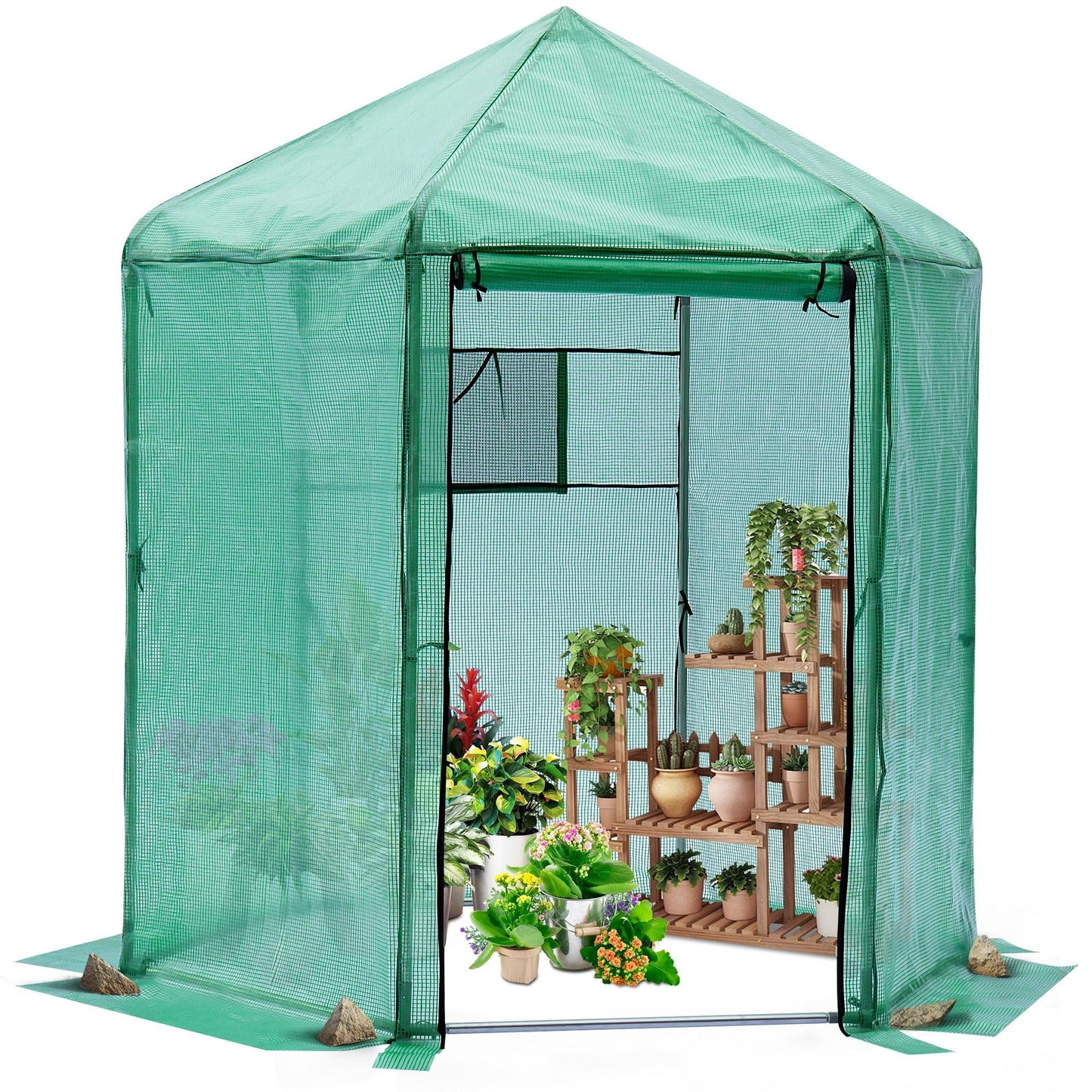 7' x 7' x 7.3' Walk-in Greenhouse for outdoors, Hexagonal Heavy-Duty Metal Frame Greenhouse with 160g PE Cover