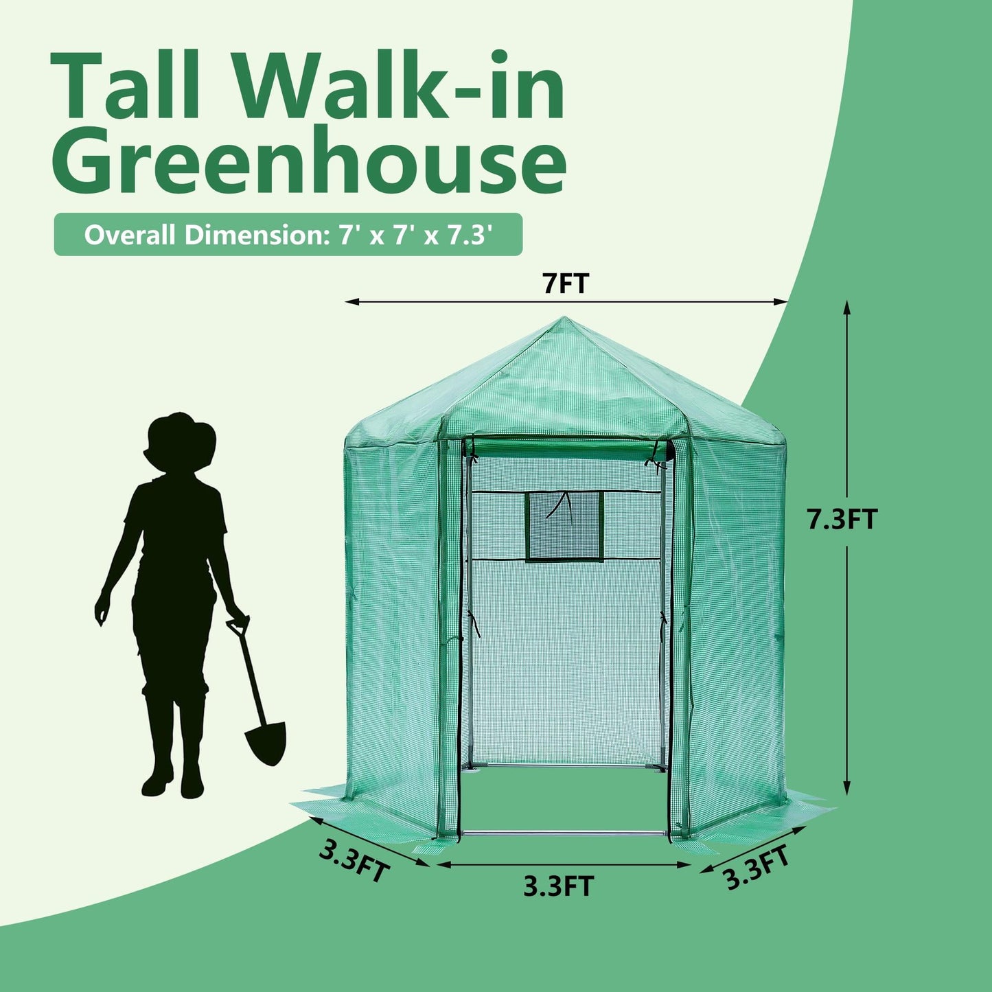 7' x 7' x 7.3' Walk-in Greenhouse for outdoors, Hexagonal Heavy-Duty Metal Frame Greenhouse with 160g PE Cover