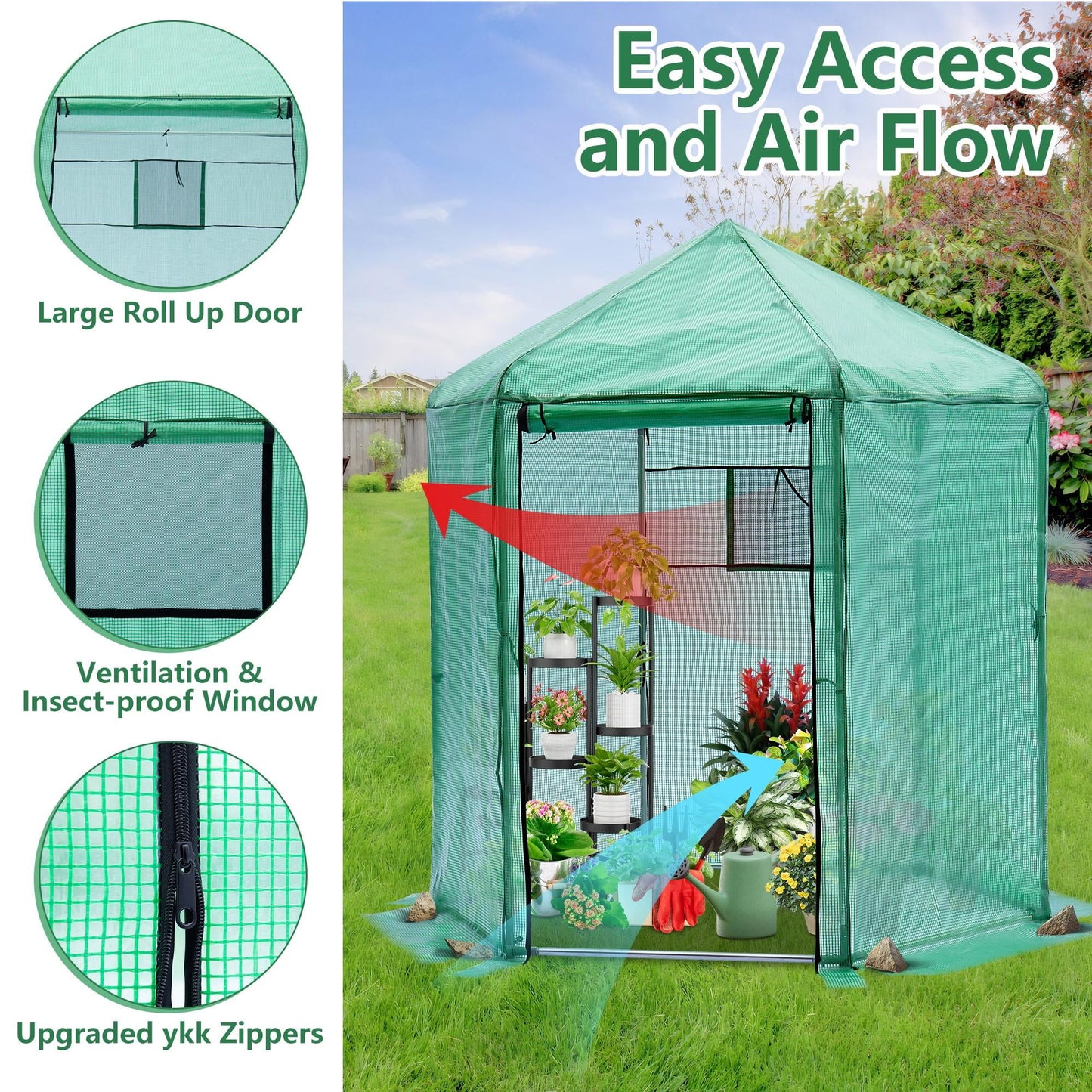 7' x 7' x 7.3' Walk-in Greenhouse for outdoors, Hexagonal Heavy-Duty Metal Frame Greenhouse with 160g PE Cover